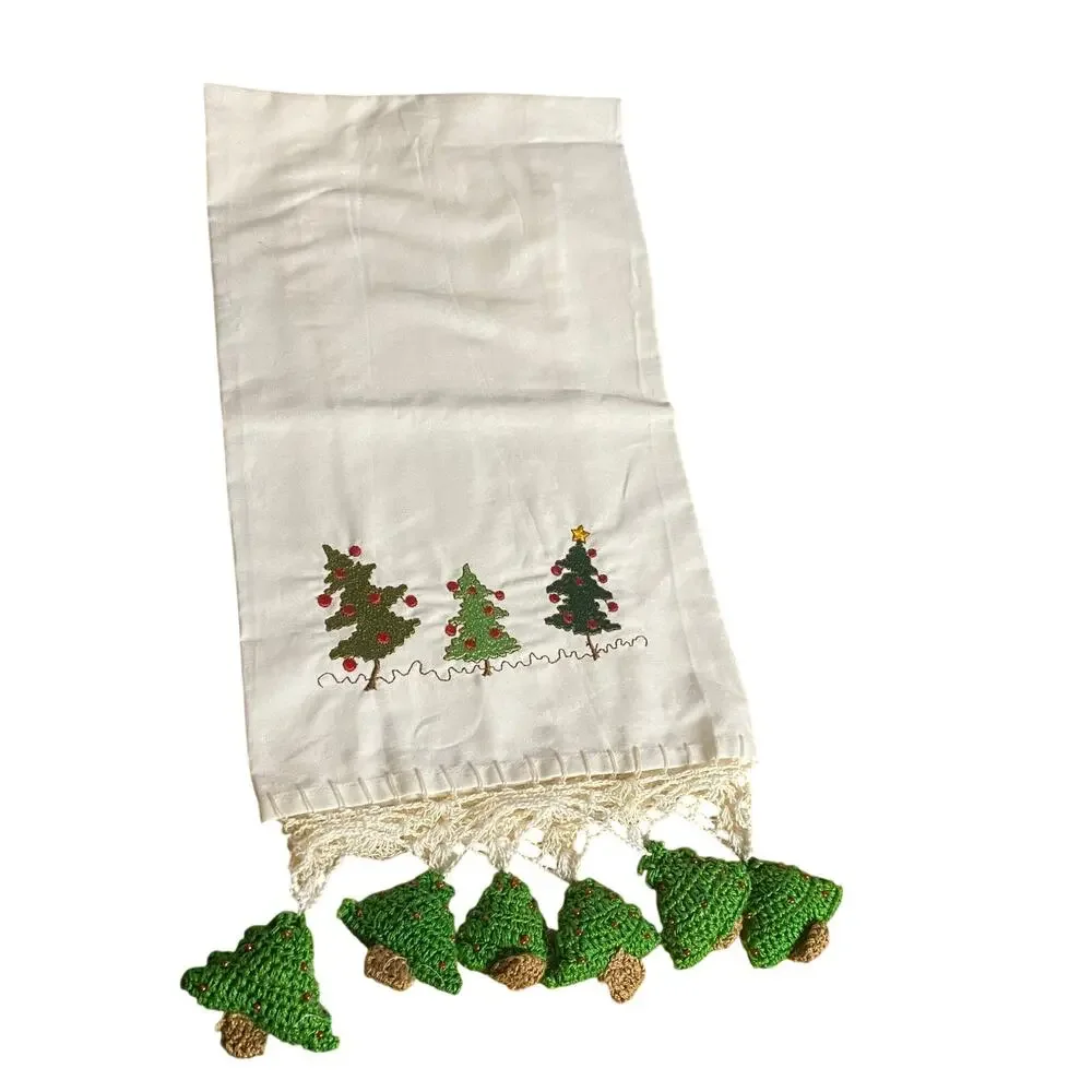 Handmade Cotton Kitchen Towel w/ Embroidered Christmas Trees & Crocheted Fringe